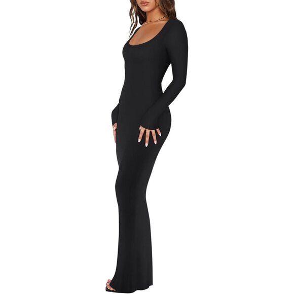 Women's Long Sleeve Maxi Dress Ribbed Square Neck Casual Fall Elegant - Picture 2 of 5